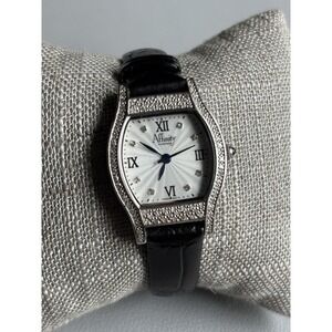 Affinity Sterling Silver Pave Diamond Watch Black Leather Band Needs Battery